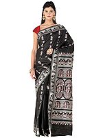 Black-Beauty Baluchari Handloom Sari from Bengal with Hand-woven Courtly Apsaras and Ramayana Episodes on Pallu