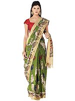 Cedar-Green Kalamkari Printed Cotton Sari with Dance Hand-Mudra Motifs All-Over