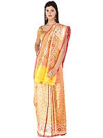 Amber-Yellow Handloom Banarasi Sari with Brocaded Hand-woven Geometric Motifs All-over and Heavy Pallu