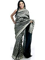 Black Jamdani Sari Hand-Woven with Surreal Bootis in Golden Thread