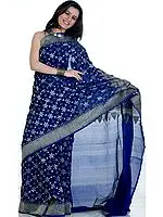 Blue Jamdani Sari from Banaras with All-Over Flowers Woven in Jute and Zari