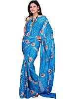 Caribbean-Sea Bandhani Sari with Embroidered Flowers All-Over