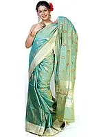 Jade-Green Sari from Banaras with All-Over Bootis Woven in Jute and Zari