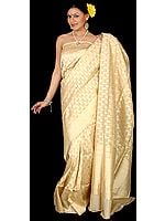 Cream Jamdani Sari with Golden Thread Weave All-Over
