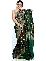 Dark-Green Designer Jamdani Sari from Banaras with All-Over Golden and Jute Thread Weave