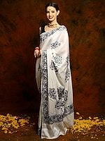 Off White Pure Silk Saree with Floral Ari Embroidery from Kashmiri