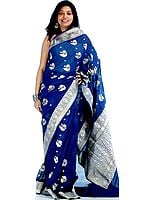 Hand-woven Prussian Blue Jamdani Sari with All-Over Golden and Silver Woven Large Bootis
