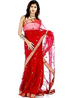 Maroon Chanderi Sari with All-Over Thread Weave and Bootis