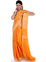 Orange Sari from Banaras with Flowers Woven All-Over and Brocaded Pallu
