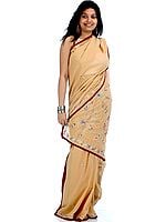 Pale-Brown and Maroon Georgette Sari with Threadwork and Multi-Colored Beads