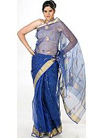 Persian-Blue Chanderi Sari with All-Over Bootis and Golden Border