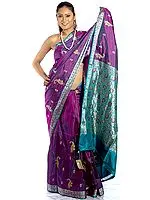 Purple Banarasi Sari with Embroidered Paisleys and Brocaded Anchal