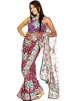 Purple Passion Net Sari with All-Over Floral Aari Embroidery and Sequins