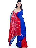 Red and Blue Sari with Sequins and Large Beads