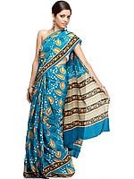 Blue Suryani Sari from Mysore with Printed Leaves
