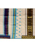 Lot of Three Handwoven Kasavu Saris from Kerala with Golden Thread Weave