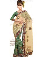 Light-Green Bandhani Printed Saree with Patch-work and Embroidered Sequins