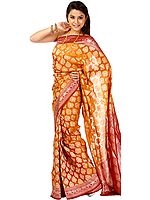 Golden-Oak Jamdani Sari from Banaras with Hand-Woven Bootis and Brocaded Border and Pallu