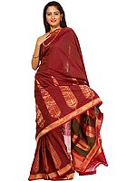 Fuchsia Hand-woven Banarasi Sari with Giant Leaves on Border