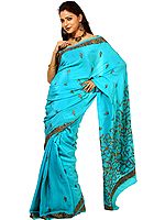 Atoll-Blue Kashmiri Crepe Silk Sari with Sozni Embroidery