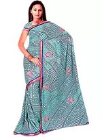 Ceramic-Green Sari with Metallic Thread Embroidered Flowers and Bandhani Print
