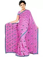 Pink Sari with Embroidered Flowers and Bandhani Print