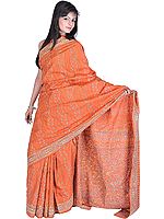 Jaffa-Orange Sari from Bengal with Kantha Stitched Embroidered Flowers All-Over