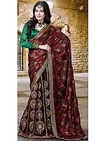 Oxblood-Red Wedding Lehenga-Sari with Metallic Thread Embroidered Flowers and Patch Border