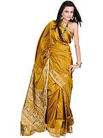 Mustard-Golden Baluchari Sari from Bengal Depicting an Episode from the Gita Updesh