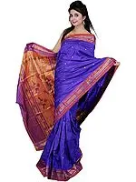 Royal-Blue Authentic Paithani Saree with Peacocks Hand-woven on Anchal