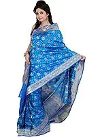Federal-Blue Jamdani Sari with All-Over Woven Flowers and Brocaded Aanchal