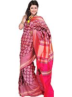 Barberry-Red Jamdani Saree from Banaras with Hand-Woven Booties