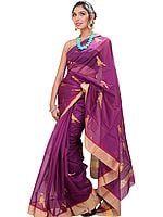 Purple-Wine Chanderi Saree with Hand-woven Parrots