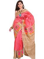 Sunkist-Coral and Beige Sari from Banaras with Hand-woven Roses on Border