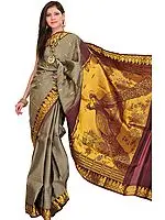 Seneca-Rock Kanjivaram Sari with Woven Paisleys and Peacock Pair on Aanchal