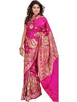 Rose-Violet Bridal Satin Sari from Banaras with Hand-Embroidered Beads and Sequins