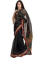Caviar-Black Jamdani Saree from Bengal with Woven Bootis and Striped Border
