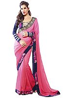 Pink and Dark-Blue Designer Sari with Zari-Embroidered Floral Patch Border and Crystals