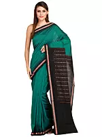 Green and Black Handloom Sari from Sambhalpur with Temple Border and Ikat Weave on Pallu