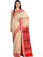 Cream and Red Sambhalpuri Handloom Sari from Orissa with Ikat Weave