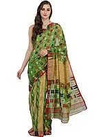 Meadow-Green Purbasthali Jamdani Saree from Bengal with Woven Bootis and Temple Border