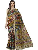 Multicolor Kalamkari Sari from Seemandhra with Painted Flowers and Woven Border