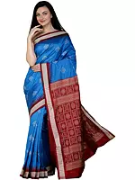 Brilliant-Blue Bomkai Handloom Saree from Odisha with Woven Bootis and Box Pallu