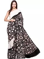 Black and White Batik Printed Sari from Madhya Pradesh with Flowers and leaves
