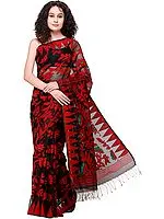 Red and Black Jamdani Handloom Sari from Bangladesh with Woven Bootis All-Over
