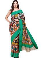 Kelly-Green Kalamkari Sari with Diyas and Large Peacock on Pallu