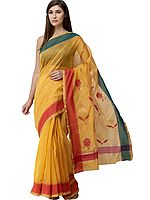 Apricot Chanderi Saree from Madhya Pradesh with Zari-Woven Border and Floral Bootis