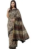 Pebble Kalamkari Sari from Telangana with Printed Flowers All-Over