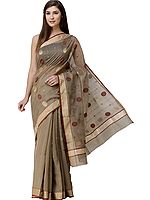 CornStalk Chanderi Sari from Madhya Pradesh with Zari-Woven Border and Bootis