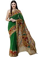 Fairway-Green Kalamkari Sari from Telangana with Goddess Holding Diyas on Anchal